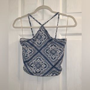 Size small blue white paisley bandana print cross front back straps cropped tank